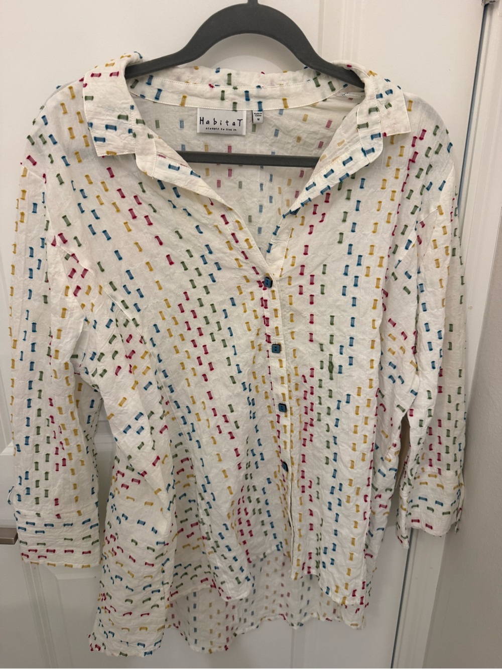 Habitat White Button-Down Shirt with Multicolor Dash Embroidery size M